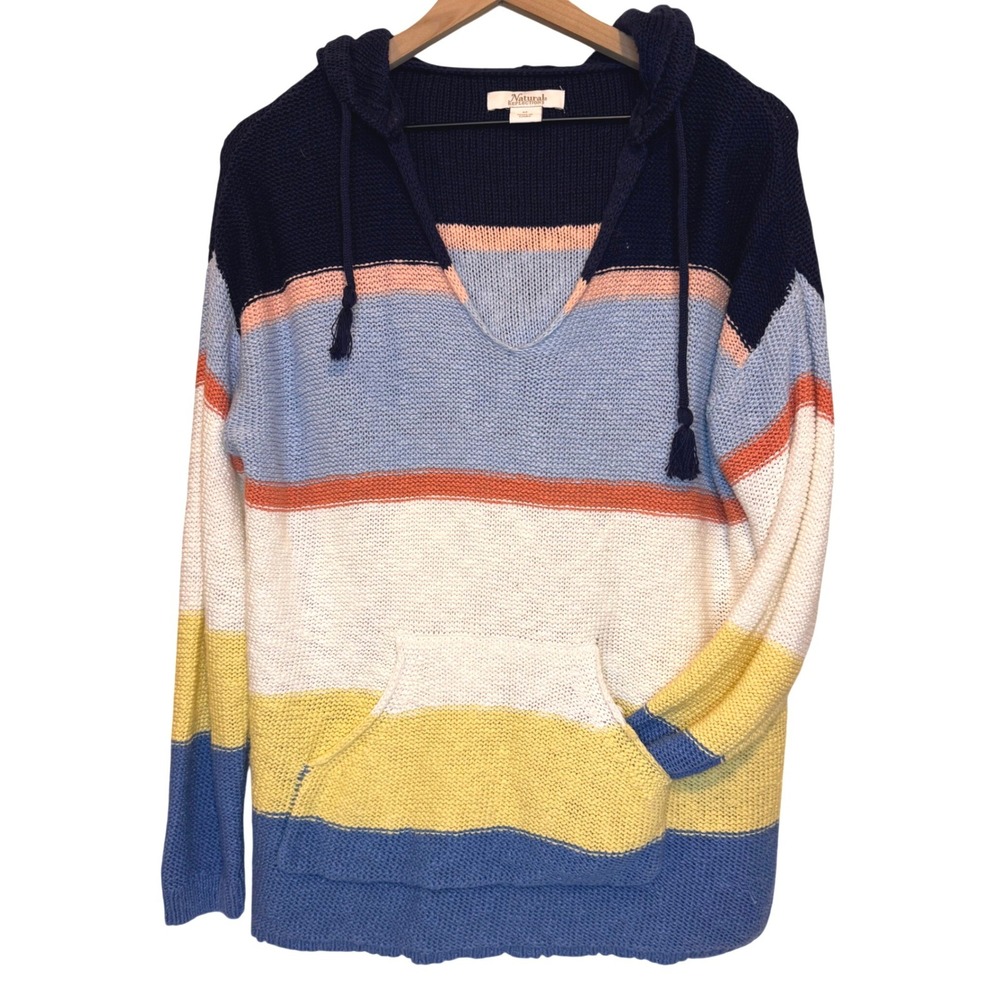 Natural Reflections Knit Cotton Hoodie Sweater Size M Striped Coastal‎ Nautical